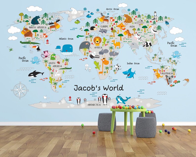 Kids World Map Wall Sticker Animal Map Wall Decal Children Map Etsy