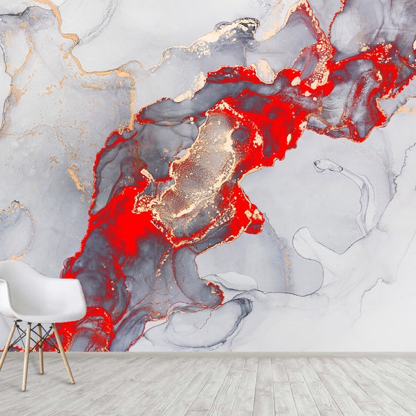 Red Grey Abstract Marble Peel and Stick Wall Mural Wallpaper Marble Pattern Accent Wall Decor Modern Wall Decoration Beautiful Marble Print