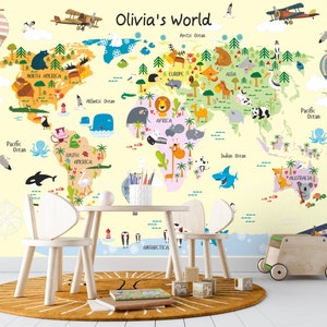 Mural de mapa del mundo para niños, papel tapiz educativo de animales para guardería o sala de juegos, mural de mapa del mundo de animales personalizado para niños pequeños y preescolares