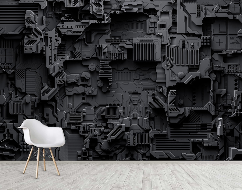 May include: A futuristic, dark gray wall mural with a complex, textured design. The wall has a three-dimensional appearance, with various geometric shapes and patterns. A white chair with wooden legs sits in front of the wall, and the floor is made of light gray wooden planks.
