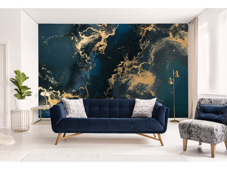 Navy Blue Peel and Stick Wallpaper Wall Mural Dark Blue Gold - Etsy