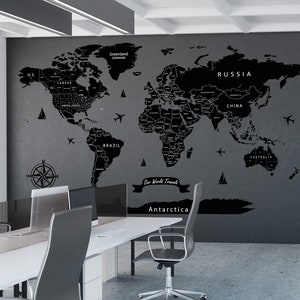Adesivo da parete con mappa del mondo nera, decorazione da parete per viaggi, puntine da disegno, mappa da viaggio, decorazione da parete per casa e scuola, adesivo da parete con mappa del mondo, decorazione da parete per aula
