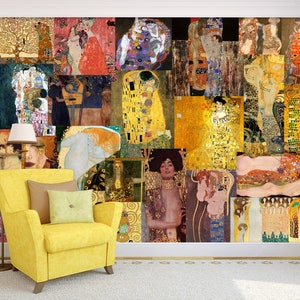 Gustav Klimt Wall Mural Collage Wallpaper - Peel and Stick Artworks for Bedroom Decor - Klimt Wall Art Print Living Room Wallpaper Artsy