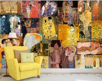 Gustav Klimt Wall Mural Artist Paintings Collage Wallpaper Peel and Stick Artworks Wall Mural Print Klimt Wall Decor Bedroom Art Wallpaper