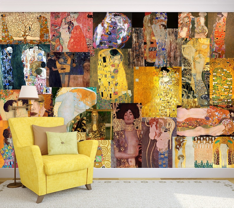 Gustav Klimt Wall Mural Artist Paintings Collage Wallpaper Etsy