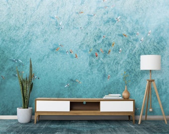 Wall Mural Surfing Blue Water Wallpaper Surfboard Wall Decor Ocean Wallpaper Sea Wallpaper Peel 'n Stick Aqua Teal Turquoise Wallpaper Mural