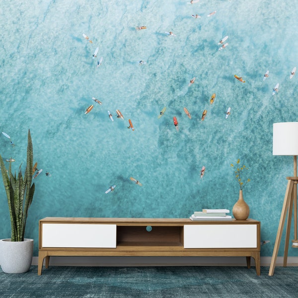 Wall Mural Surfing Blue Water Wallpaper Surfboard Wall Decor Ocean Wallpaper Sea Wallpaper Peel 'n Stick Aqua Teal Turquoise Wallpaper Mural