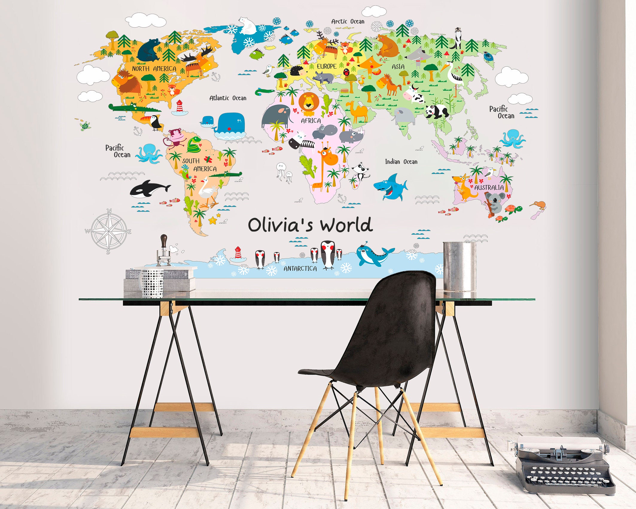 Kids Wall Decal Animal Map Wall Sticker Playroom Nursery Wall Etsy