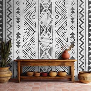 African Ethnic Ornament Wallpaper Abstract Line Geometry Art Wall Mural Peel and Stick Wallpaper for Wall Black and White Print African Art