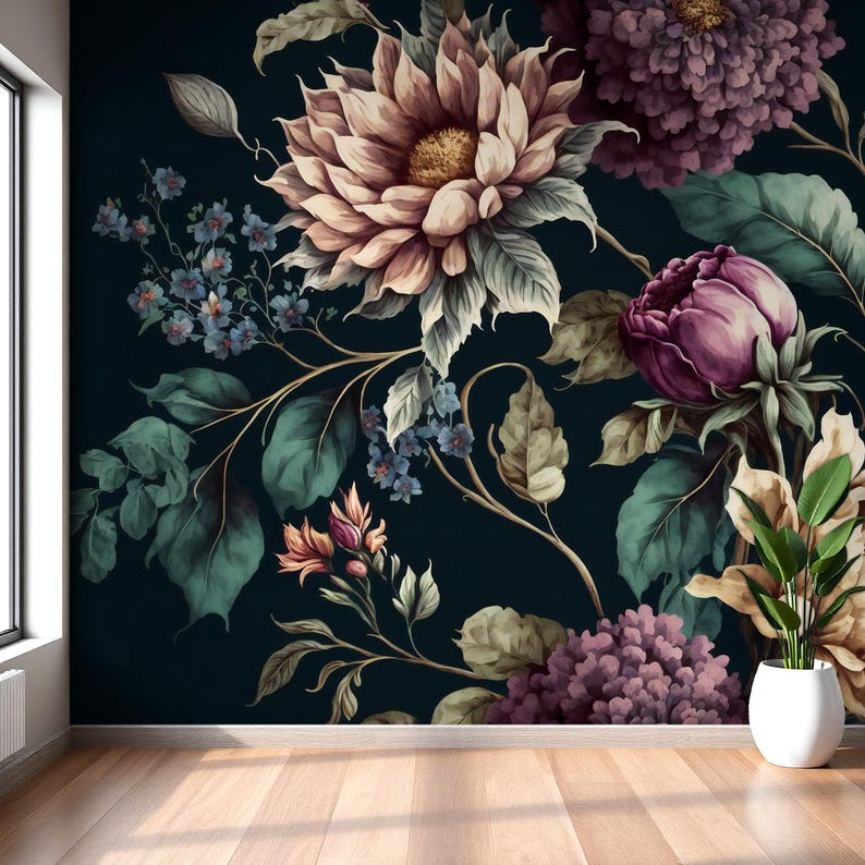 Dark Floral Wallpaper Mural Large Flower Buds Wallpaper Peel and Stick ...