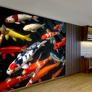 Papel tapiz mural de peces koi, despegar y pegar, arte japonés, decoración de pared zen