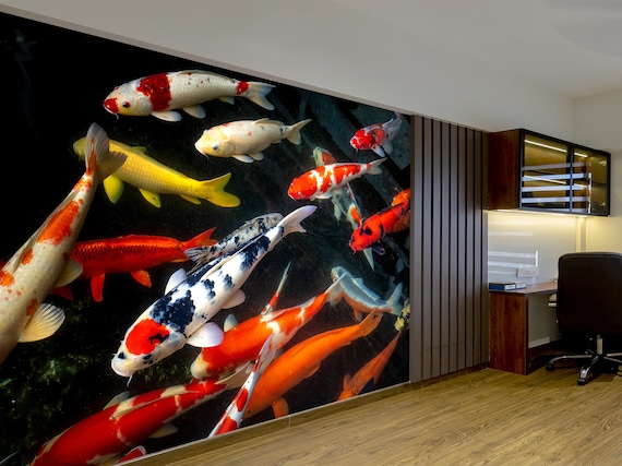 Koi Fish Mural Wallpaper Peel and Stick Japanese Art Zen Wall Art
