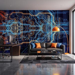 May include: A wall mural featuring a digital circuit board pattern in shades of blue and orange on a dark background. The design includes intricate lines, nodes, and geometric pathways that create a symmetrical, high-tech aesthetic across the wall.