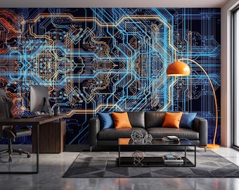 Abstract Electronic Circuit Board Mural Wallpaper IT Technology Commercial Wall Decor Peel and Stick Tech Gaming Room Wallpaper Print