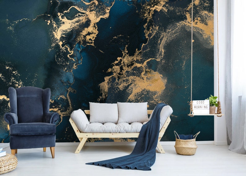 Navy Blue Peel and Stick Wallpaper Wall Mural Dark Blue Gold Etsy