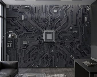 Könnte beinhalten: Ein großes Wandbild mit einem dunkelgrauen und schwarzen elektronischen Leiterplattenmuster. Das Design zeigt komplizierte Pfade und einen zentralen quadratischen Prozessorchip, was eine detaillierte technologische Ästhetik auf der gesamten Wandfläche erzeugt.
