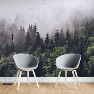 Wall Mural Foggy Forest Peel & Stick Wallpaper Moody Forest Print Bedroom Living Room Nature Wall Decor Misty Forest Trees Photo Mural