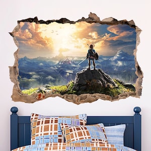May include: A wall decal featuring a video game character standing on a cliff overlooking a vast, cloudy landscape. The character is wearing blue and green armor and holding a sword. The decal is designed to look like a hole in the wall, creating a 3D effect.