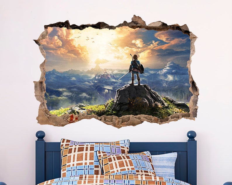 May include: A wall decal featuring a video game character standing on a cliff overlooking a vast, cloudy landscape. The character is wearing blue and green armor and holding a sword. The decal is designed to look like a hole in the wall, creating a 3D effect.