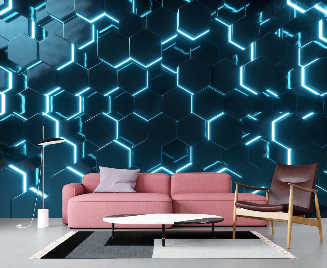 Abstract Blue Neon Geometric Wall Mural Peel and Stick - Etsy