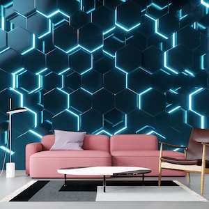 Wall Mural Blue Neon Geometric Peel and Stick Wallpaper Abstract Hexagon Wallpaper Hi-Tech Gaming Club Office Wall Mural Wallpaper Print