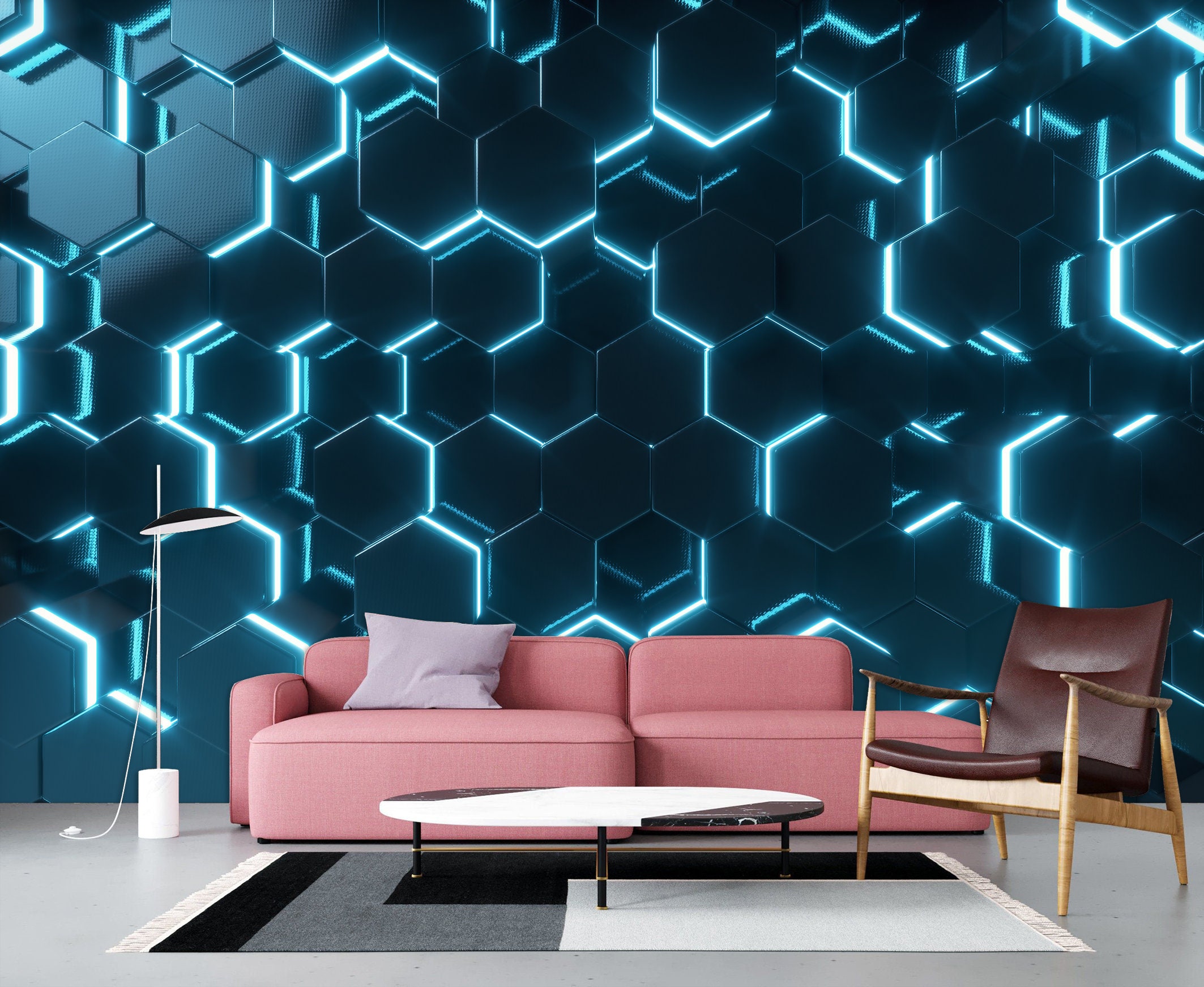 Abstract Blue Neon Geometric Wall Mural Peel&stick - Etsy Abstract Blue Neon Geometric Wall Mural Peel&stick - Etsy