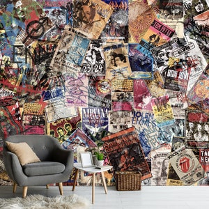 Retro Music Posters Collage Peel and Stick Wallpaper Wall Mural