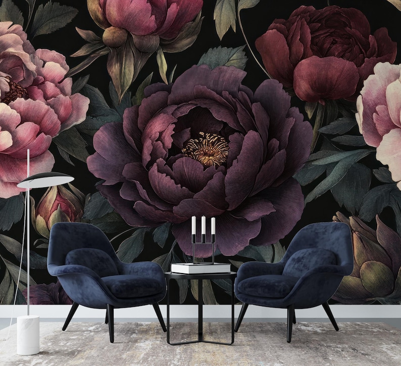 Dark Floral Peony Wall Mural – Vintage Botanical Peel and Stick ...