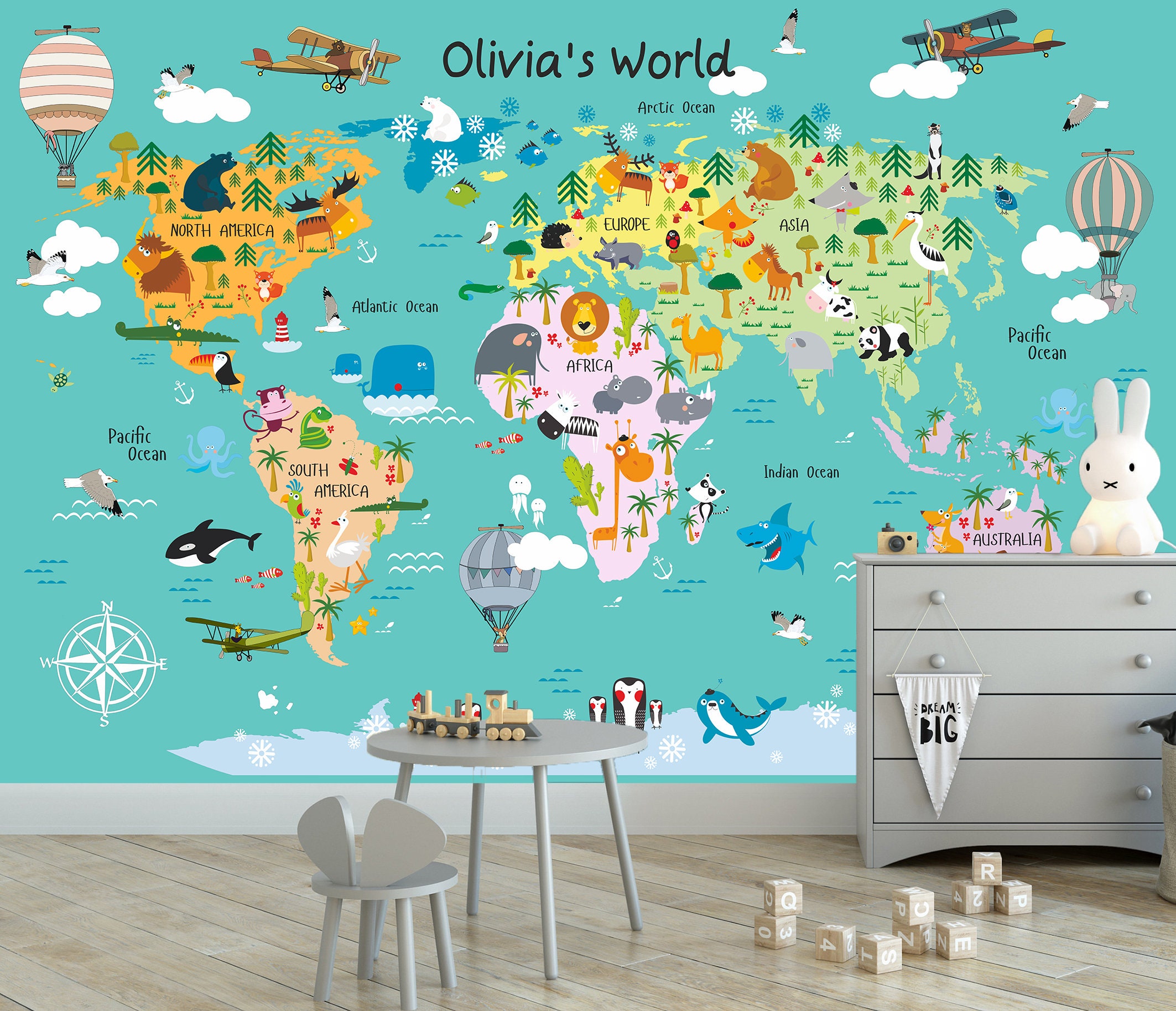 Cartoon World Map Wall Mural Peel and Stick Wallpaper Boys - Etsy