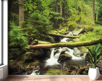 Papel tapiz con arroyo de bosque escénico, papel tapiz autoadhesivo verde con fotomural, impresión de vegetación forestal, papel tapiz para dormitorio y sala de estar, mural de paisaje