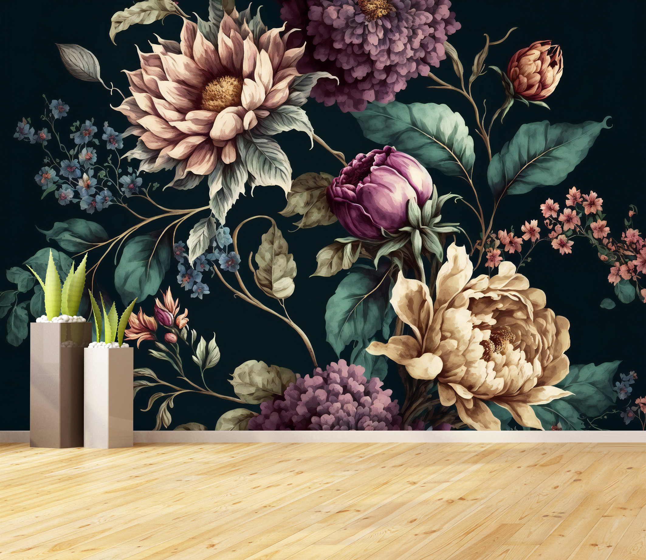 Dark Floral Wallpaper Mural Large Flower Buds Wallpaper Peel and Stick ...