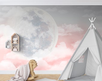 Kids Wallpaper Fantasy Full Moon in Clouds Kids Bedroom Wall Mural Peel and Stick / Traditional Wall Paper Little Girl Room Wall Decor Mural