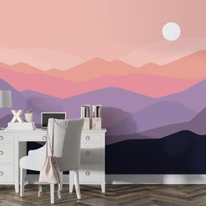 Minimalist Landscape Silhouette Wallpaper Mountain Mural Wallpaper Peel and Stick / Traditional Mountain Ombre Pop Art Wallpaper Pink