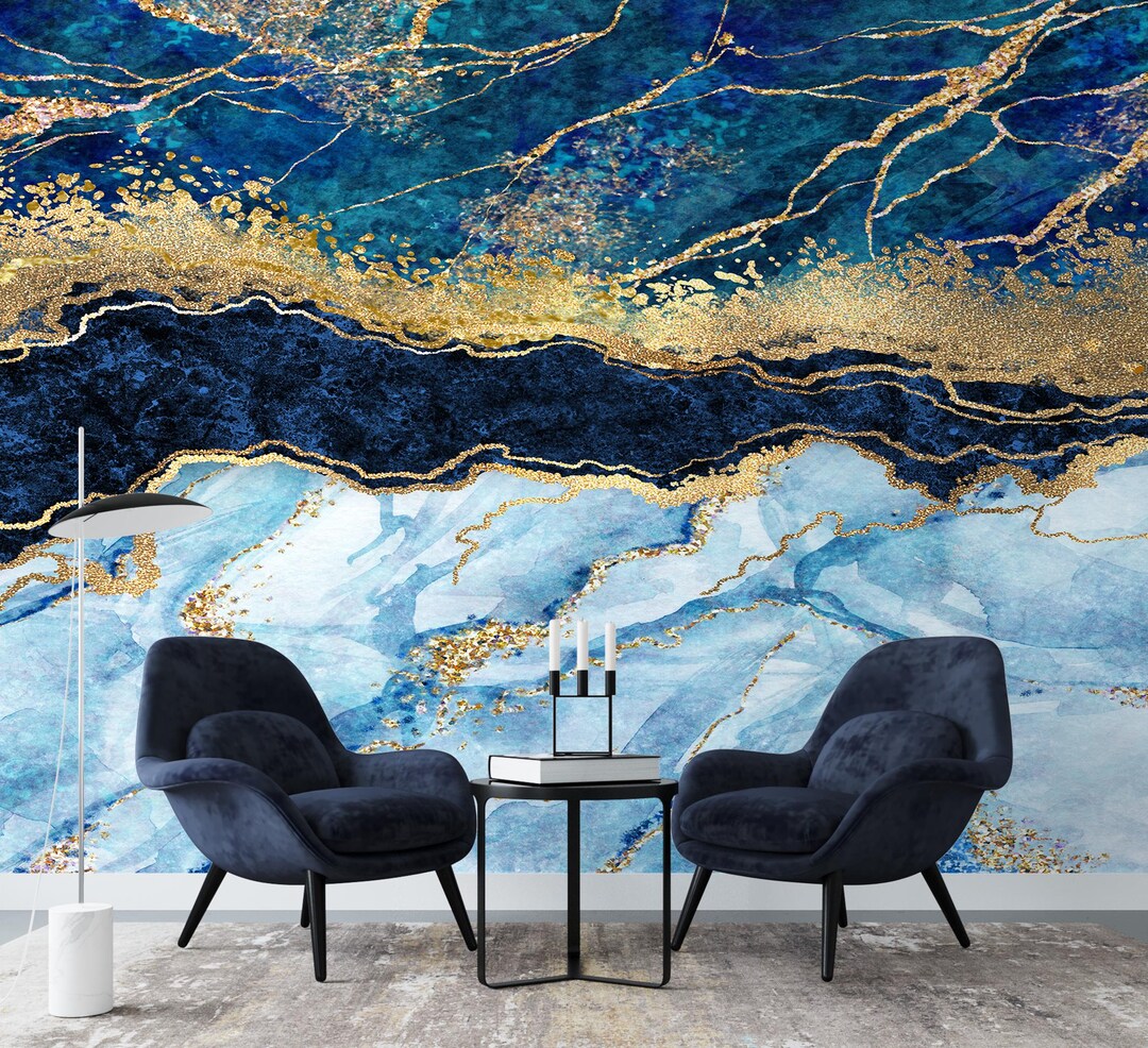 Blue Wall Mural Marble Wallpaper Peel and Stick Dark Navy Blue Abstract ...