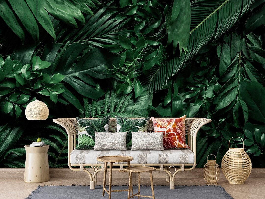Tropical Jungle Leaf Wall Mural – Deep Green Botanical Wallpaper for ...