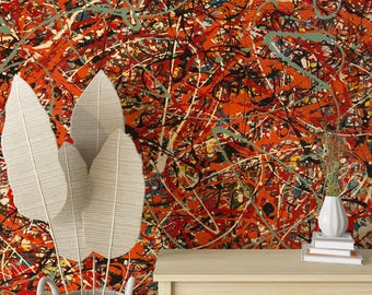 Jackson Pollock Red Abstract Expressionism Mural Wallpaper Peel & Stick, Vintage Art Painting Wall Print Modern Home Wallcovering
