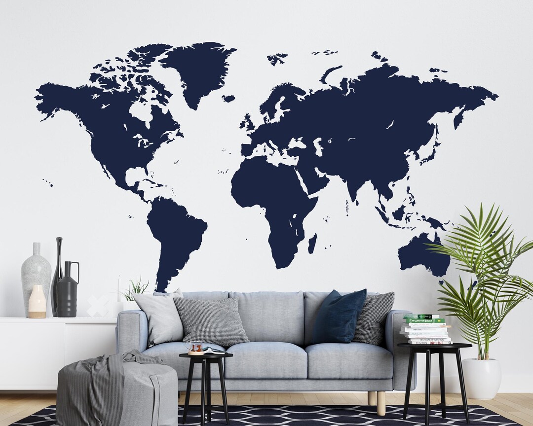 Blue World Map Large Wall Decal Vinyl Wall Sticker - Dark Navy Blue ...