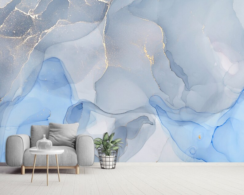 Marble Wallpaper Blue Marble Mural Blue Gold Wallpaper Pastel Etsy