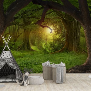 Magic forest Kids Room Wallpaper Mystic forest Wall Mural Green Forest Children Room Wall Decor Trendy Wallpaper Self Adhesive Peel & Stick