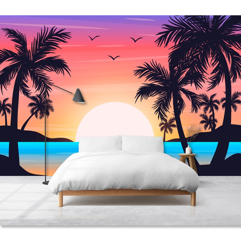 Minimalist Palm Tree Sunset Wallpaper Mural Peel and Stick Tropical ...