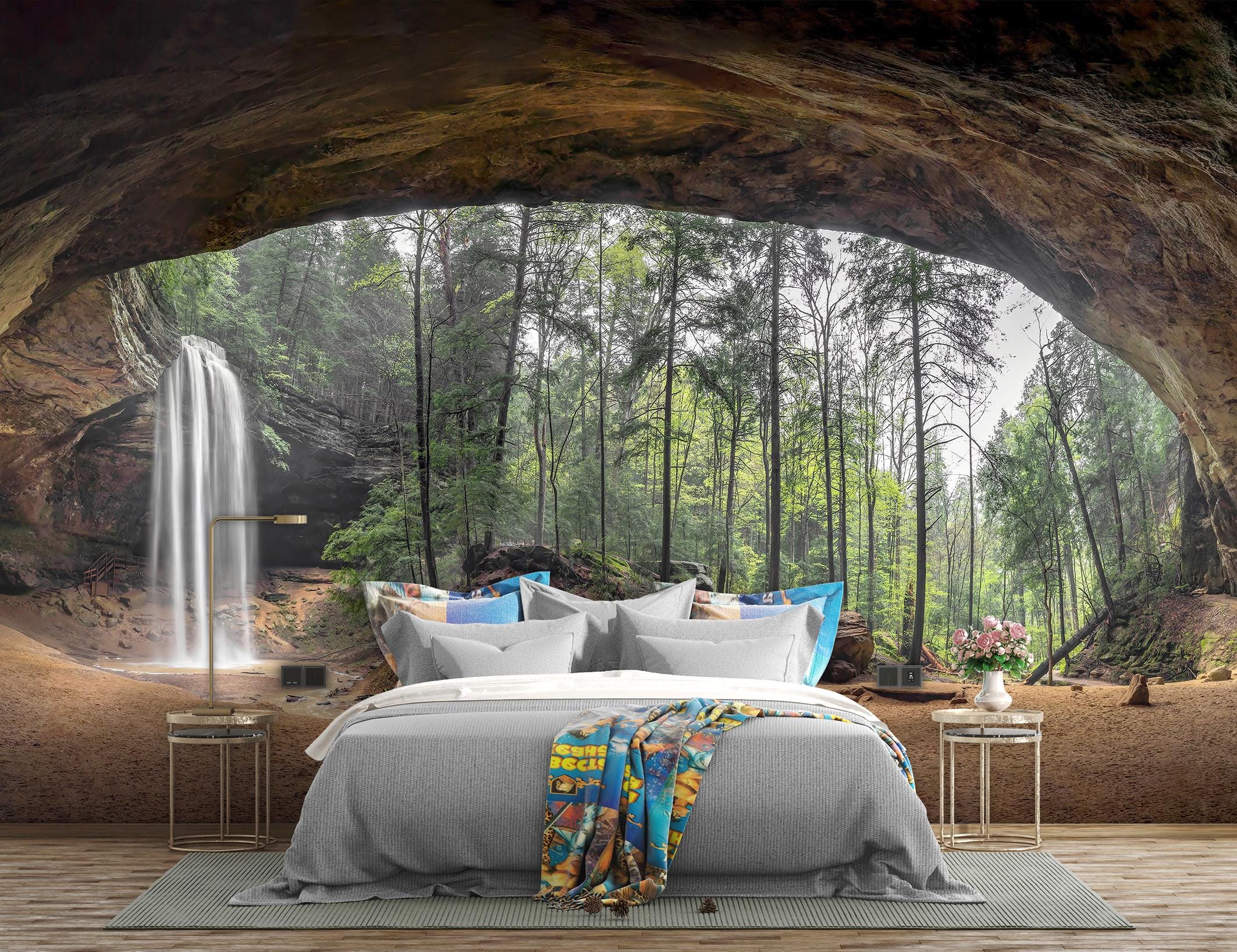 Waterfall Cave Forest Wallpaper Green Landscape Wall Mural, Peel and ...