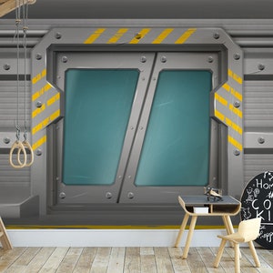 Spaceship Metal Door Wallpaper Sliding Gates Wall Mural Space Playroom Peel and Stick / Traditional Wallpaper Wall Decor Vinyl Sticker Decal