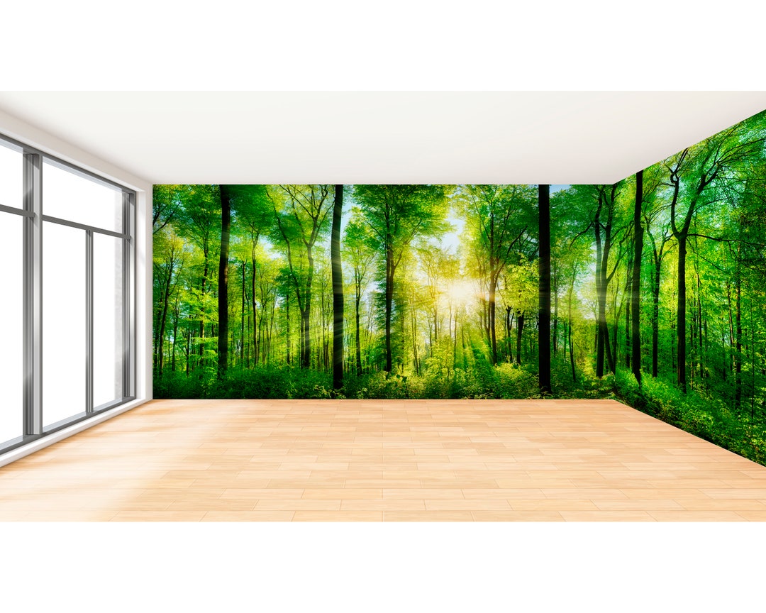 Large Panoramic Wall Mural Wallpaper Peel and Stick Green Forest Sunny