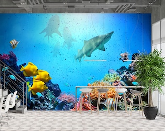 Hai Wandbild Ocean Reef Malerische Tapete Blau Unterwasser Sea Life Decor Wandbespannung