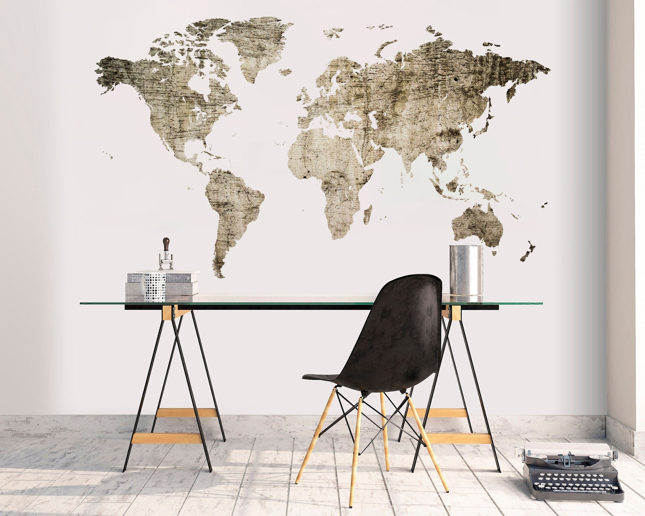 World Map Wall Sticker Large Map Decal Vintage Map Wall Decor Print ...