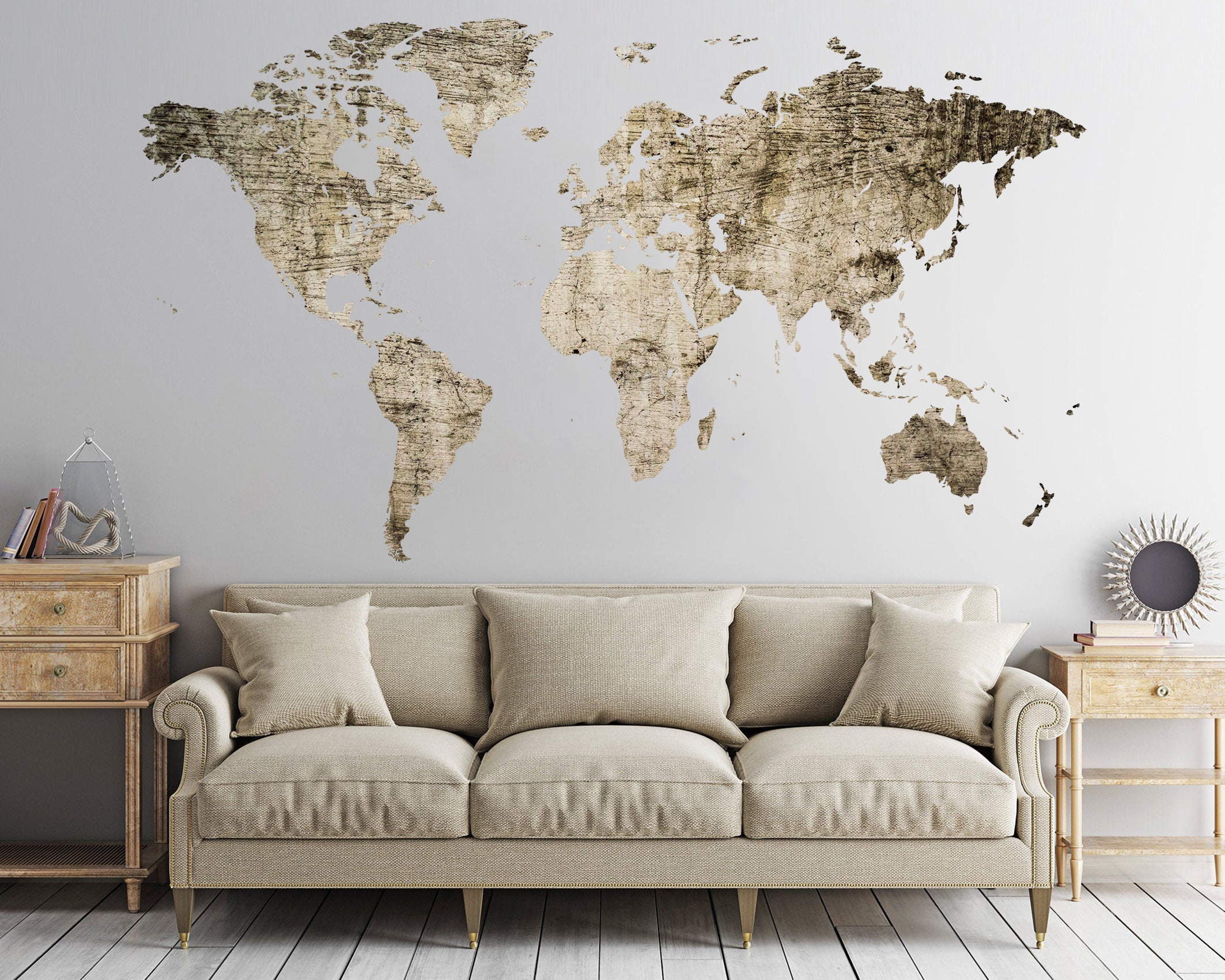 World Map Wall Sticker Large Map Decal Vintage Map Wall Decor Print ...