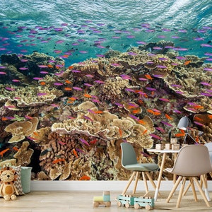 Coral Reef Mural Wallpaper Underwater Life Wall Mural Sea Fishes Aquarium Wallpaper Playroom Kids Room Decor Nautical Marine Photomural Wall