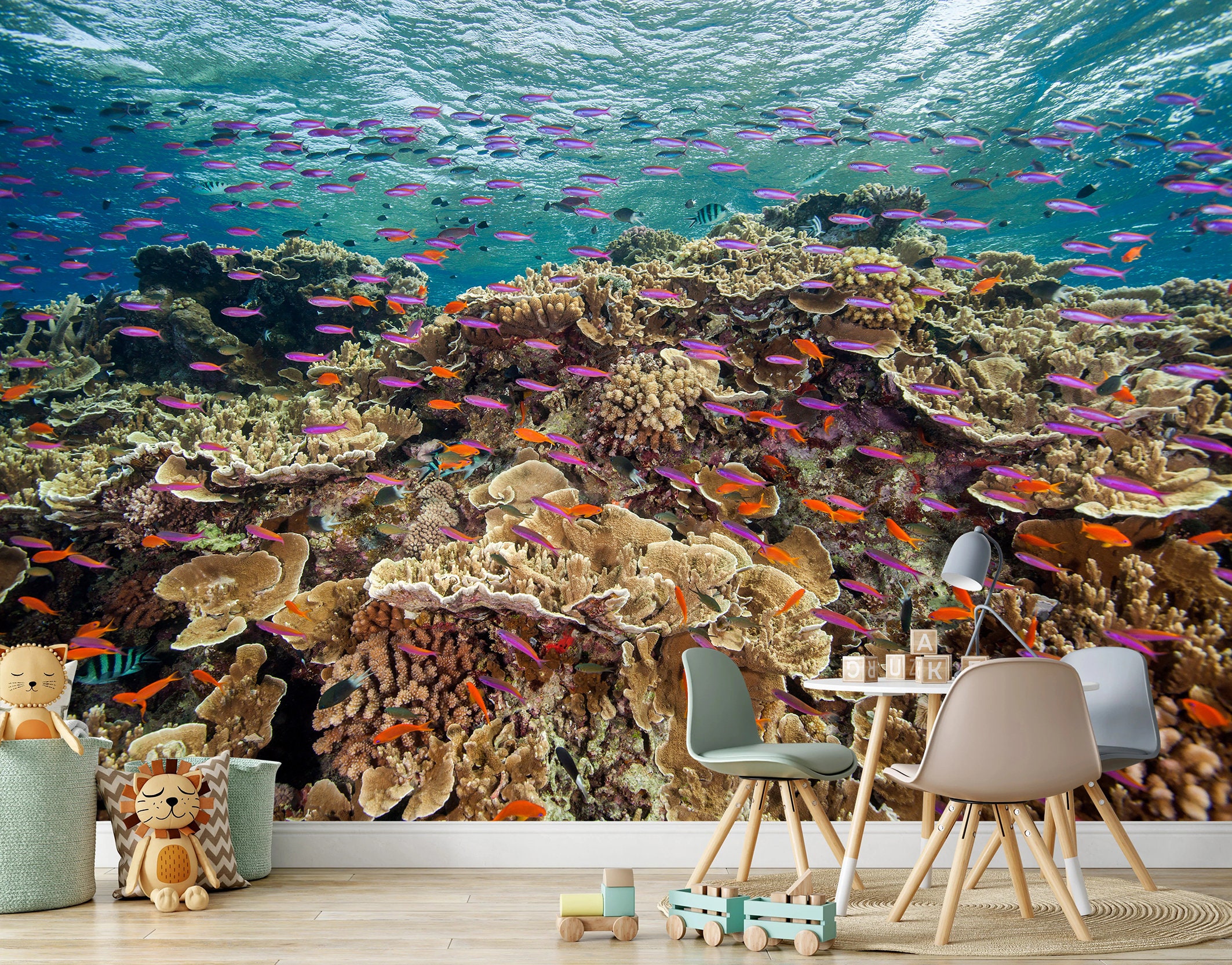 Coral Reef Mural Wallpaper Underwater Life Wall Mural Sea Fishes Aquarium Wallpaper Playroom Kids Room Decor Nautical Marine Photomural Wall
