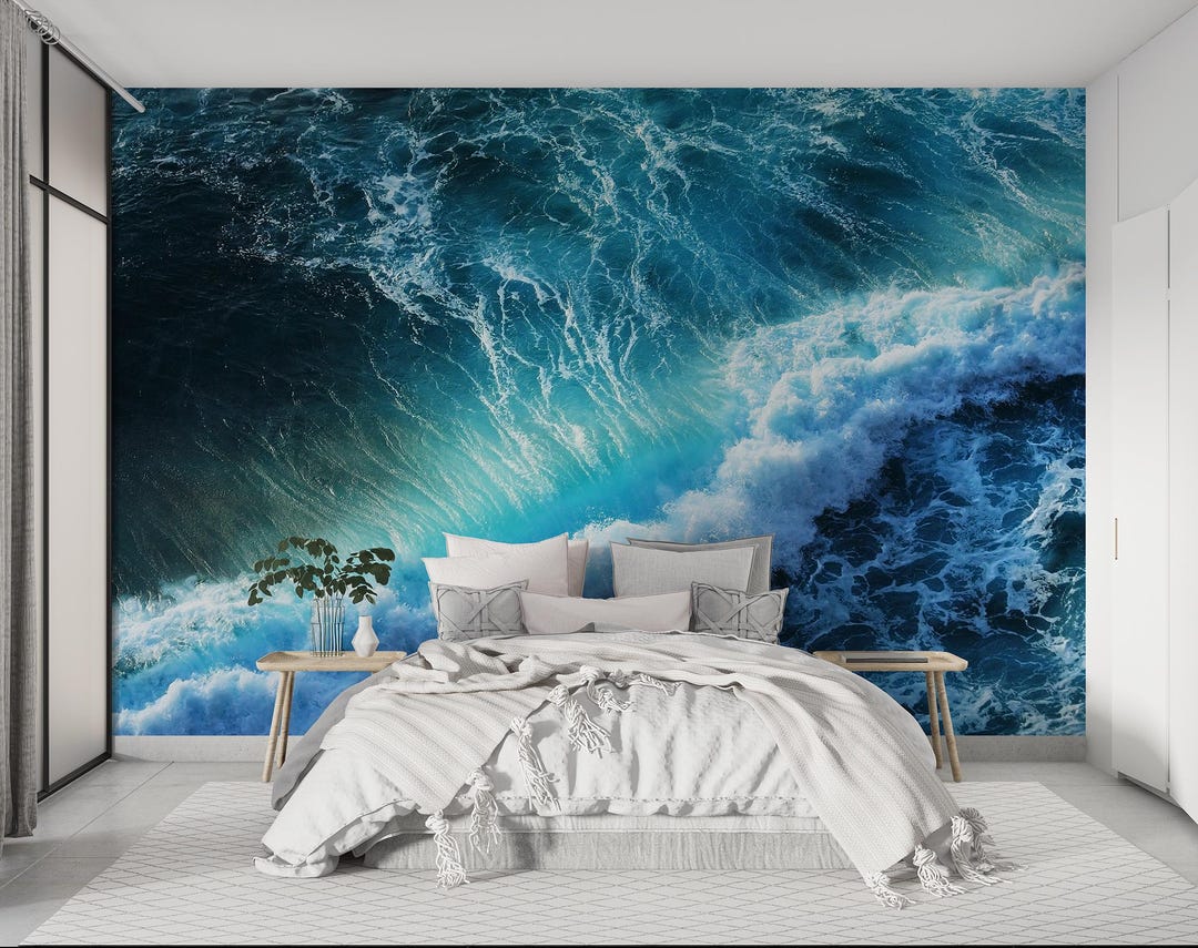Sea Wave Wallpaper Mural Peel and Stick Beach Wallpaper Blue Surf Wave ...