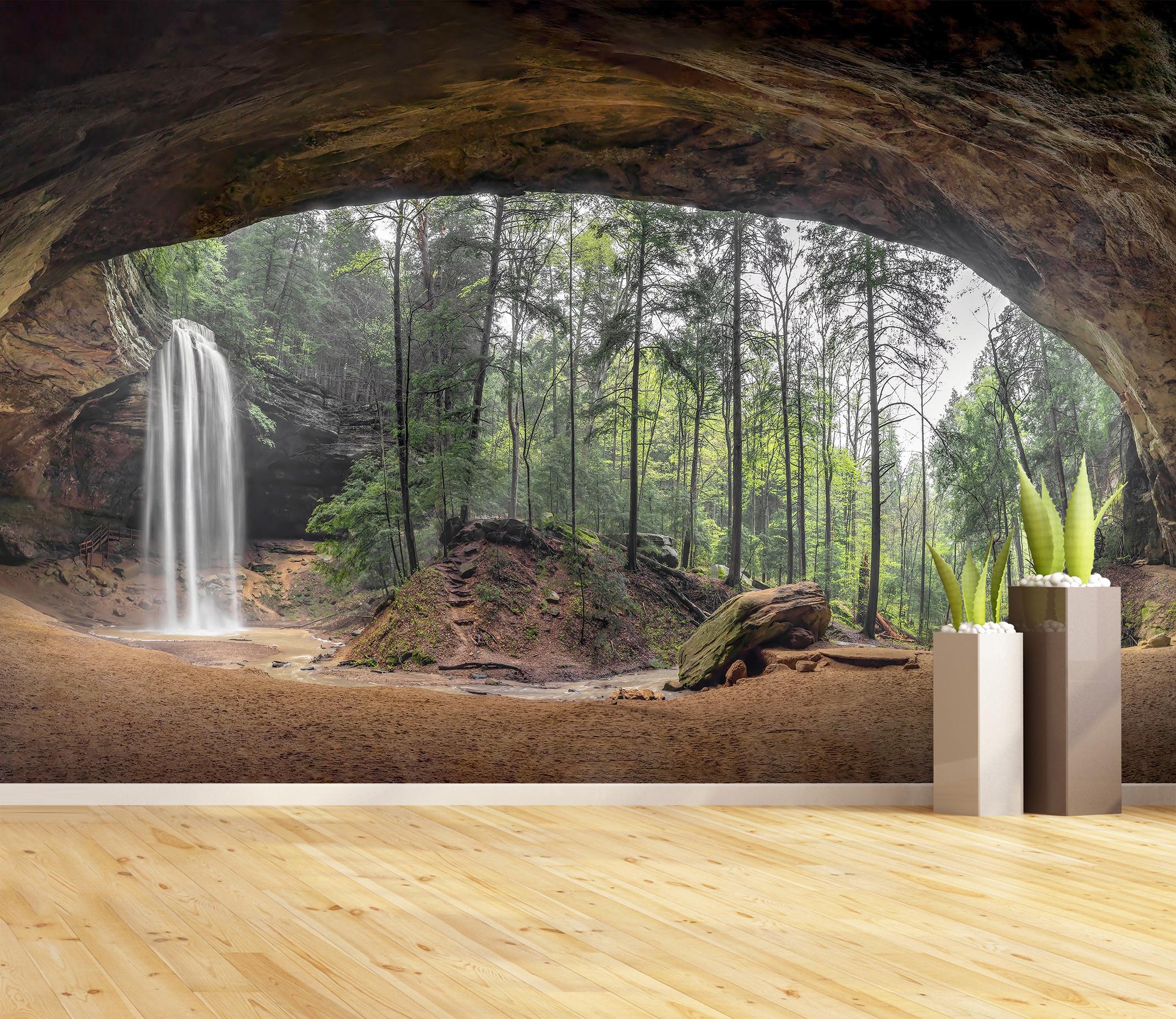 Waterfall Cave Forest Wallpaper Green Landscape Wall Mural, Peel and ...